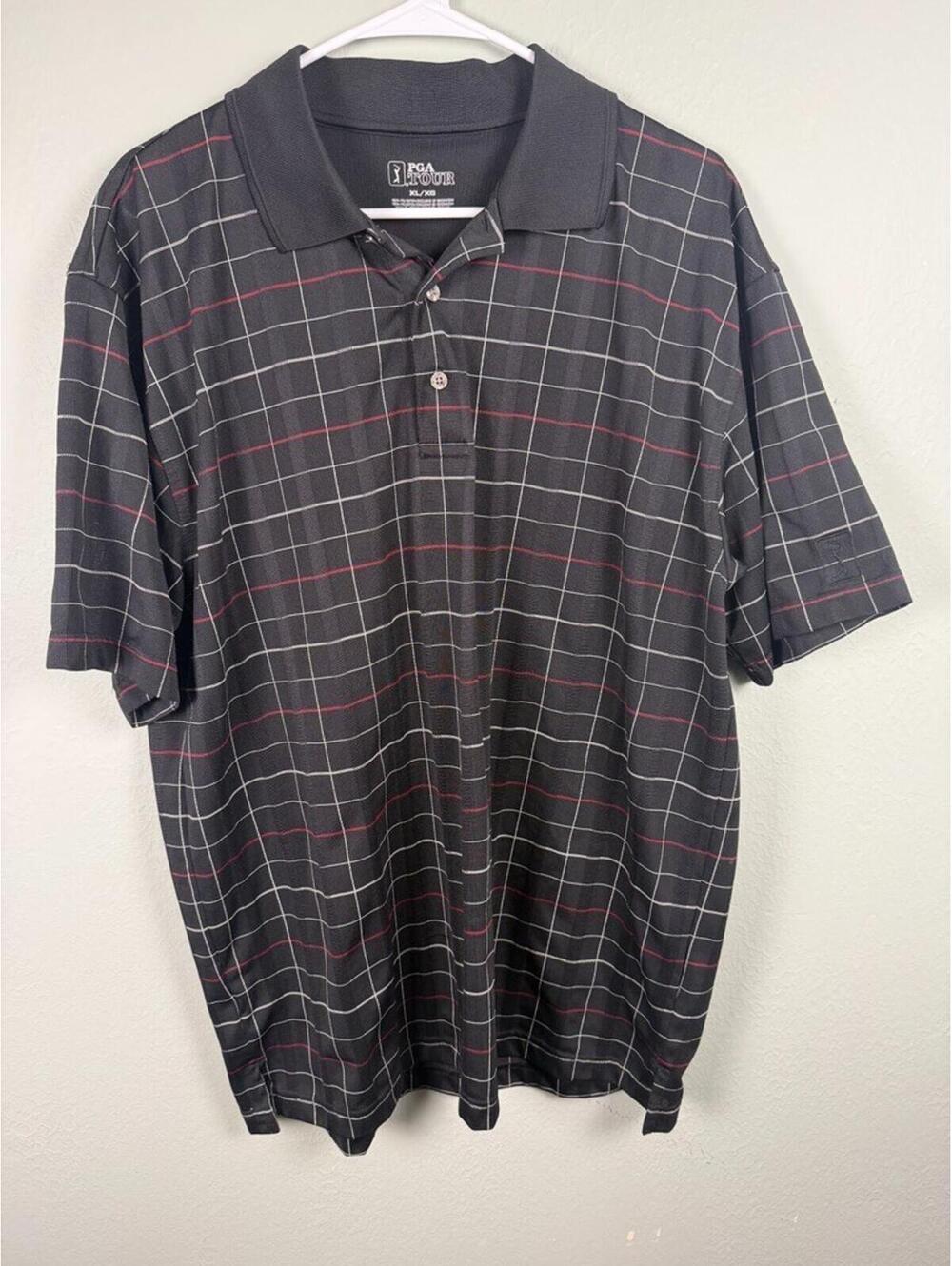 PGA Tour Polo Shirt Mens Size XL Blue Windowpane Golf Performance Short Sleeve